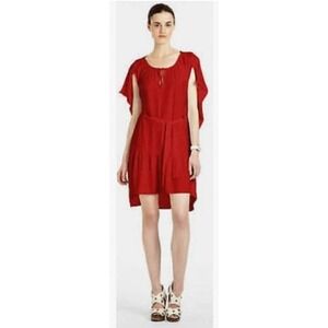 BCBGMAXAZRIA Oni Tie Waist Mini Dress Dropped Sleeve Hi-Low Red Sz XXS‎ NWT $218